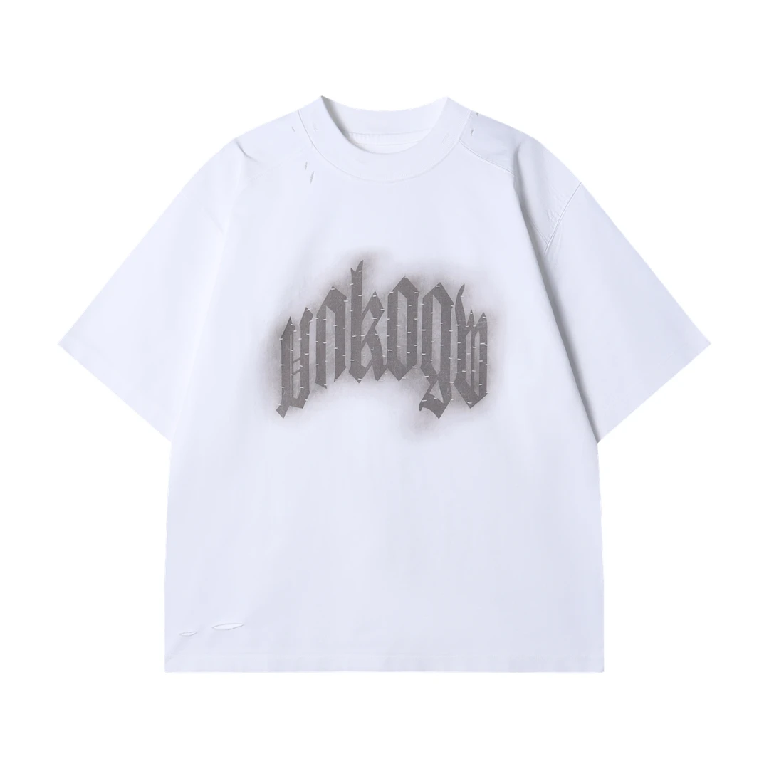 夏季高级感新款美式撞色印花字母破洞圆领短袖T恤情侣百搭上衣