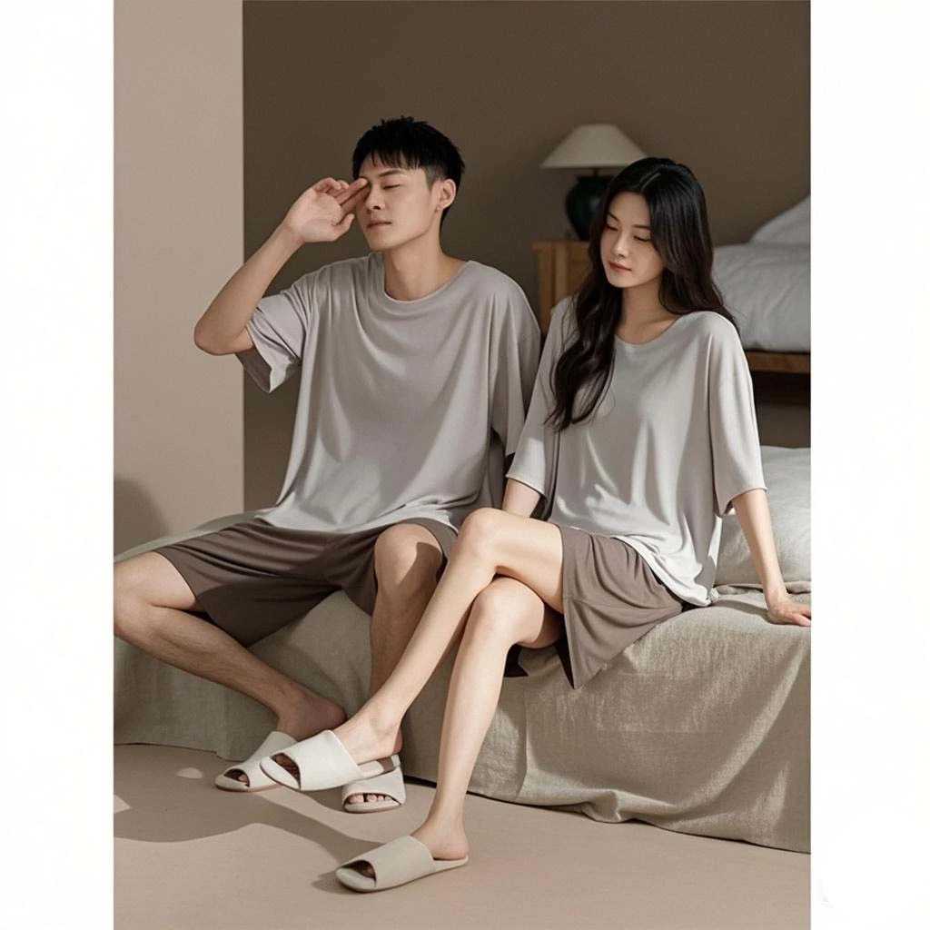 2025新款情侣莫代尔睡衣夏季薄款短袖短裤纯色宽松家居服套装