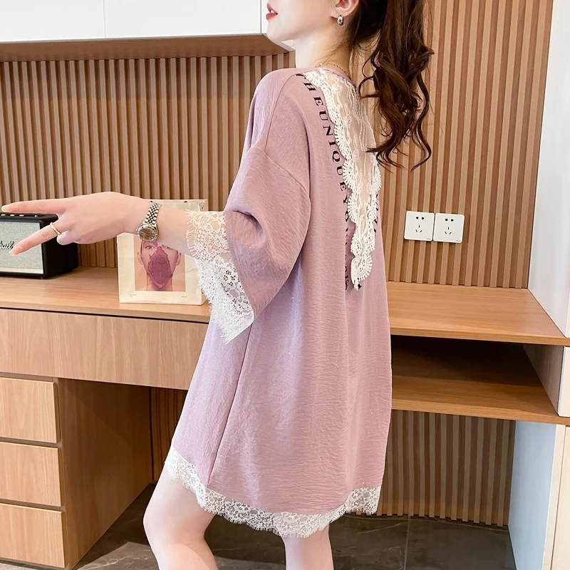 宽松中长款蕾丝拼接短袖T恤女夏季韩版时尚网红洋气半袖上衣