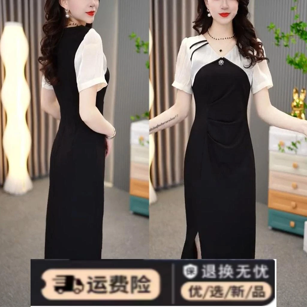 2025夏季新款时尚法式短袖连衣裙女气质收腰显瘦雪纺拼接过膝裙子
