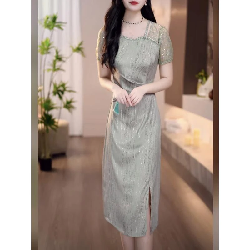 【连衣裙】2025夏季新款豆绿色清秀端庄显瘦端庄时尚气质连衣裙