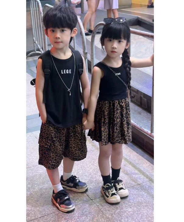 男女童字母背心套装夏装2025新款儿童宽松韩范复古豹纹裤两件套潮