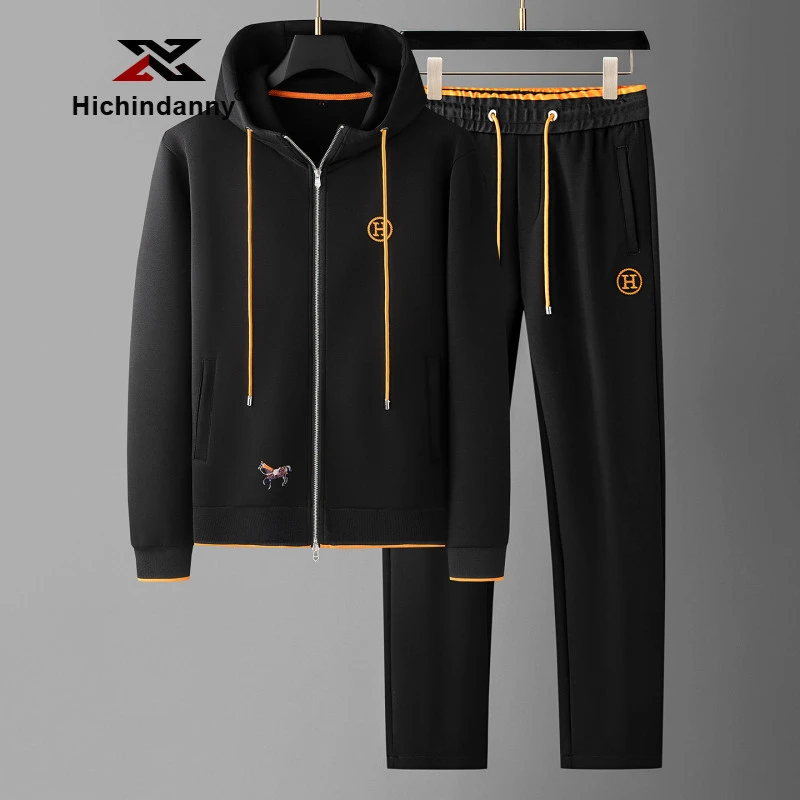 HICHIN男士连帽开衫休闲运动套装春秋季新款战马刺绣莫代尔两件套