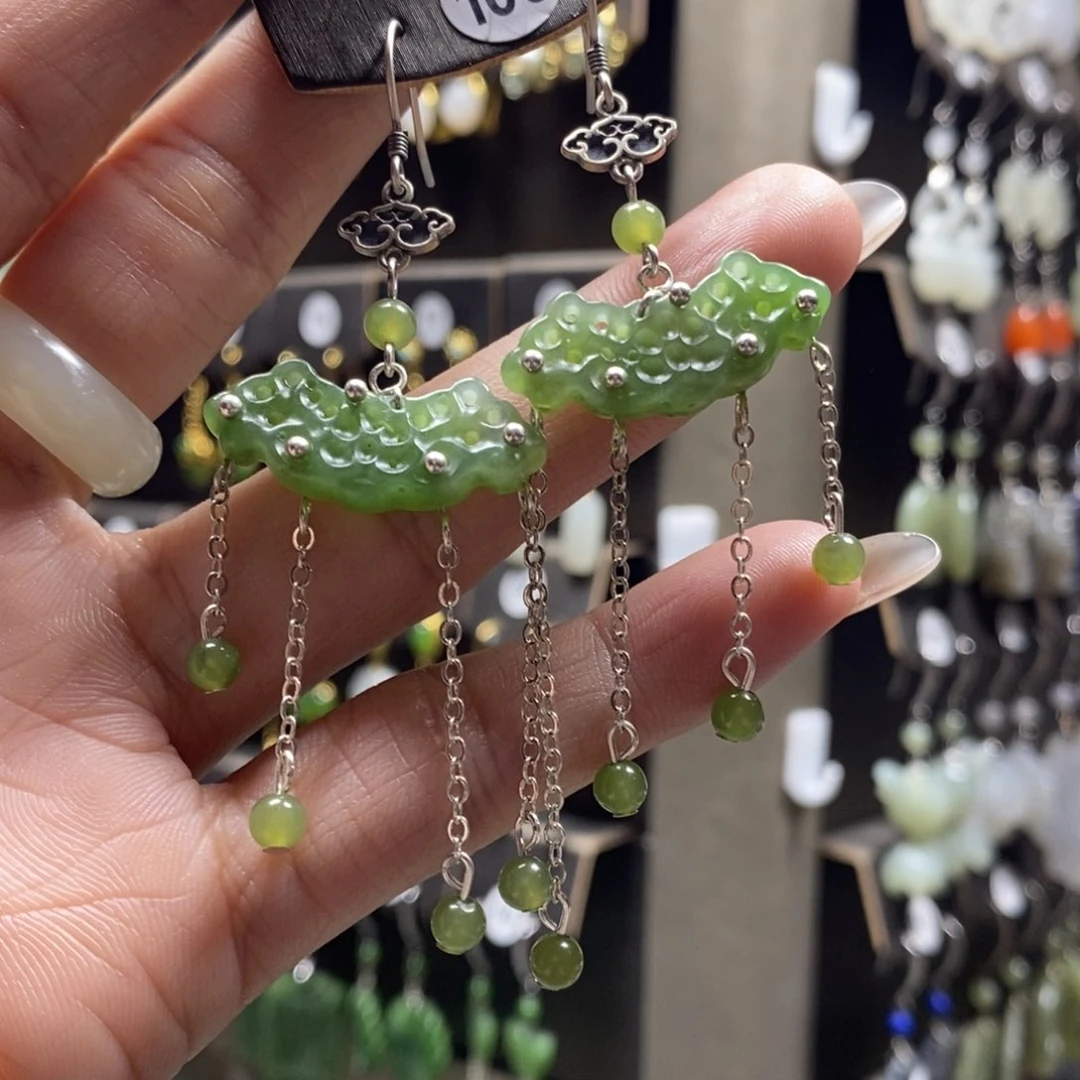 和田玉耳饰银S925镶嵌L**丶