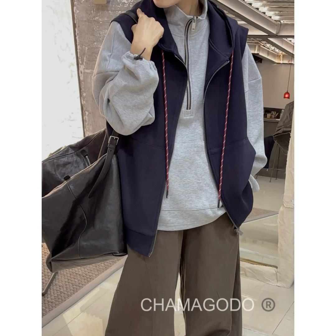 CHA MA GO DO06284/10675珠地棉双向48拉链连帽马甲