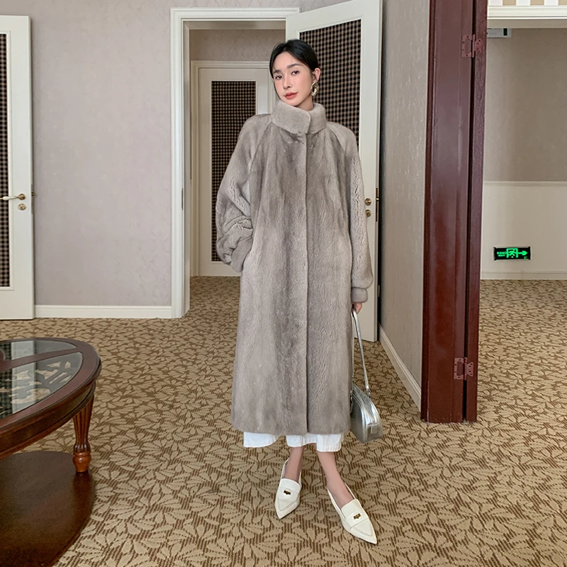 貂皮大衣水貂皮草外套加厚女款简单立领保暖宽松时尚新款长款欧货