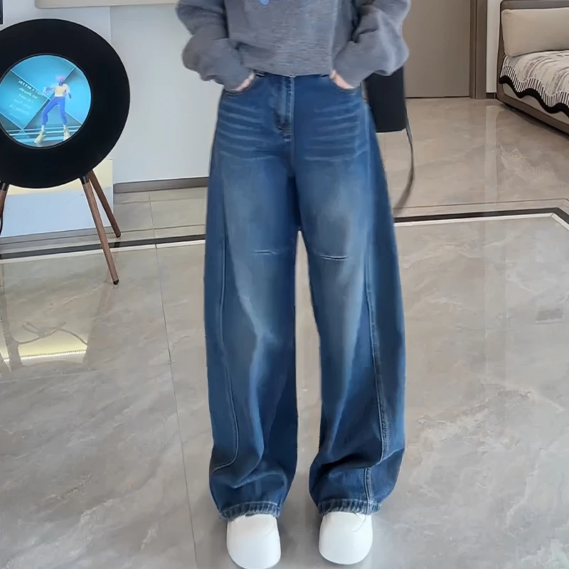 简约日常风阔腿束脚牛仔裤2025冬季新款宽松版型通勤随性自在