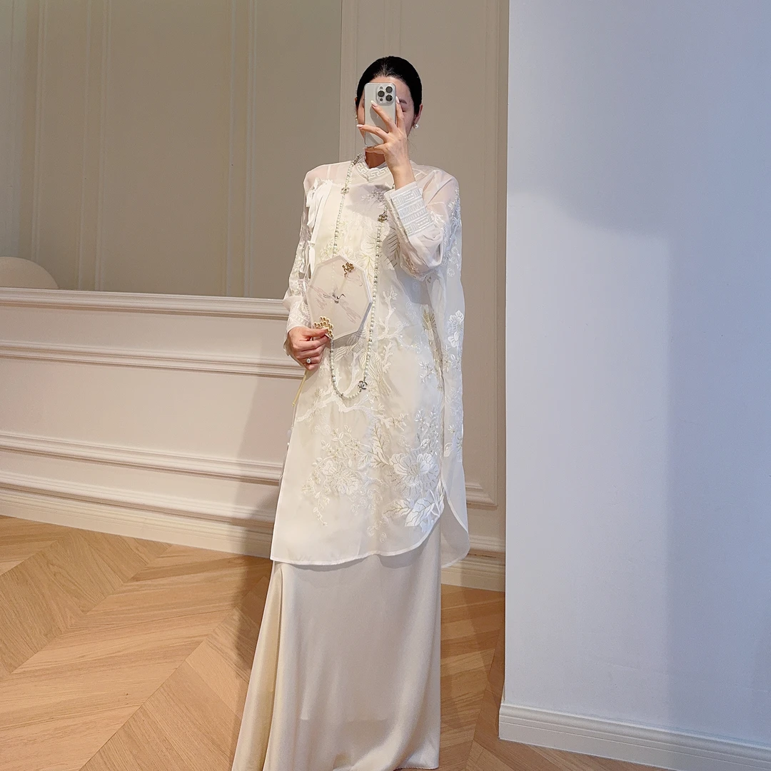 嫚渡桑蚕丝刺绣中式长款衬衫  夏季纯色轻奢国风气质时尚显瘦衬衫