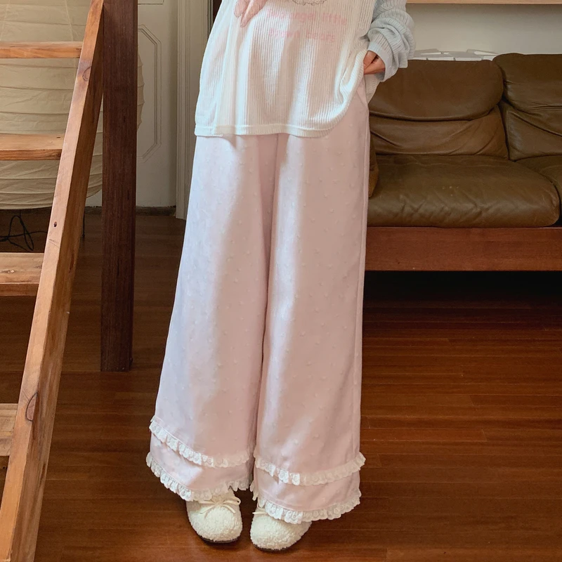 森女部落甜美风碎花高腰直筒休闲裤女设计感蕾丝花边阔腿长裤秋季