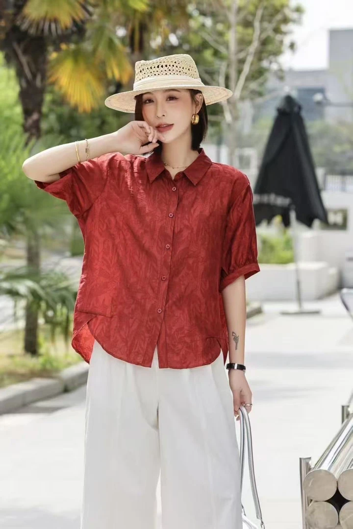 女士夏季短袖小翻领百搭宽松开衫衬衫