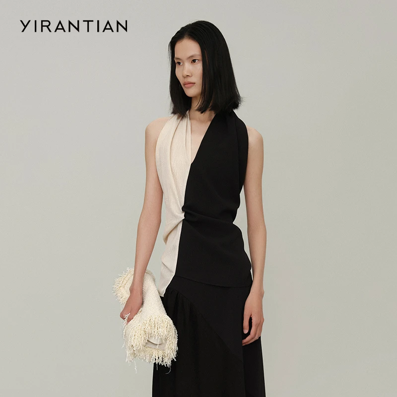 【YIRANTIAN】设计师小众休闲时尚挂脖式收腰抽皱拼接无袖上衣女