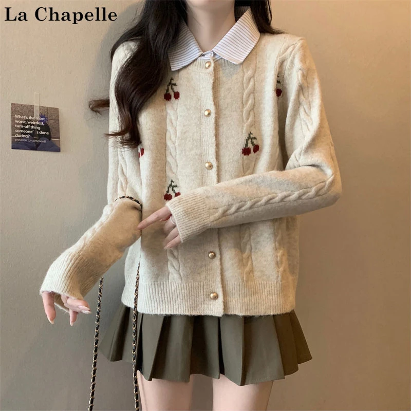 拉夏贝尔学院风polo领假两件衬衫领毛衣外套女秋冬季软糥针织开衫