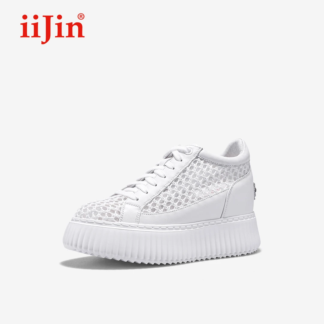 iiJin艾今25夏新品9cm厚底内增高超轻镂空织网休闲小白鞋女254GTJ