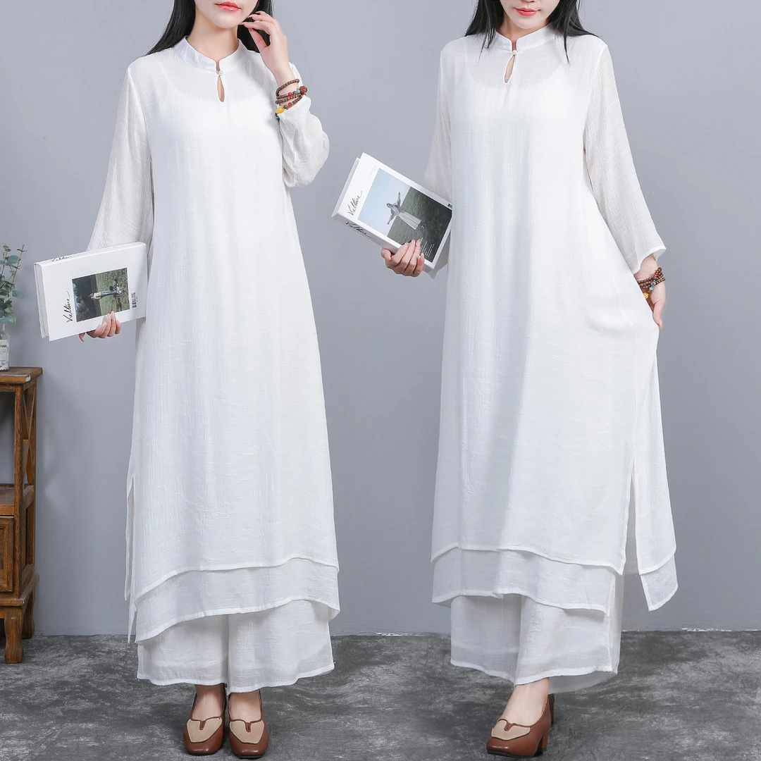 新款大码女装棉麻复古民族风七分袖禅意茶服居士打坐禅修服套装女