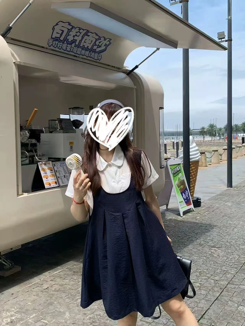 学院风韩版套装夏季娃娃领短袖上衣＋背带两件套胖MM夏季套装穿搭