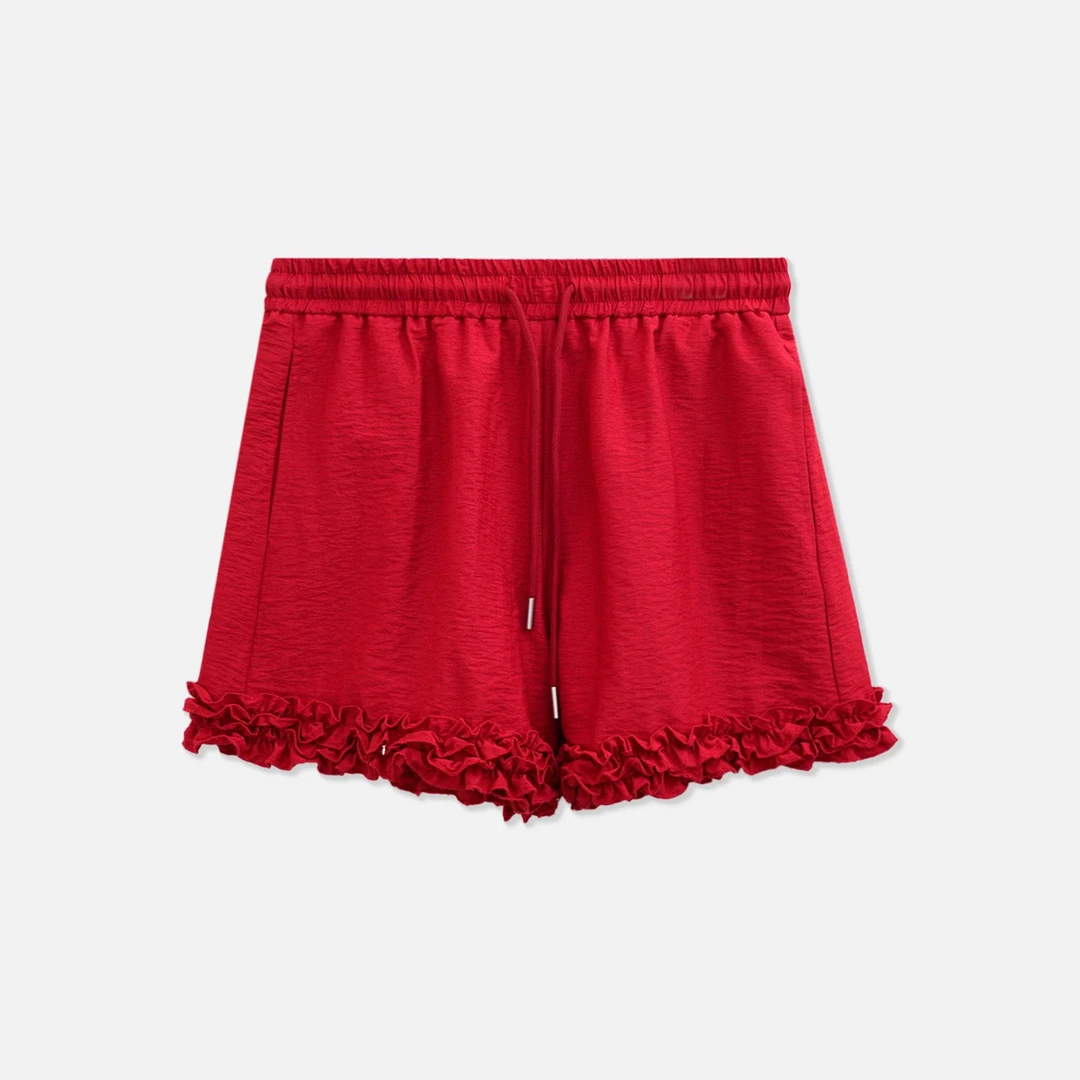 GGAHOLIDAY 时尚宽松休闲潮流百搭红色木耳边设计短裤  153157