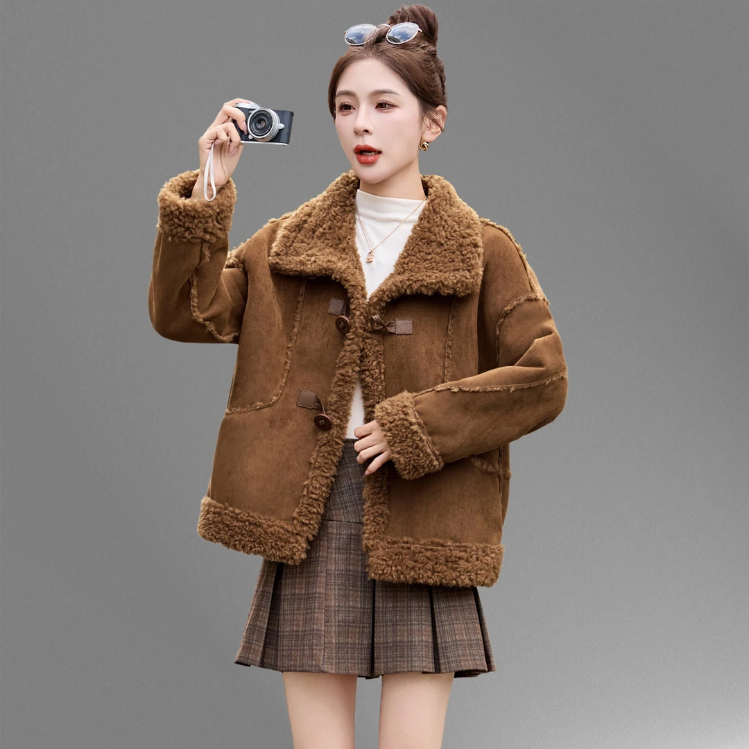 皮毛一体羊羔毛加厚外套女2025冬季新款高级感鹿皮绒机车棉服上衣