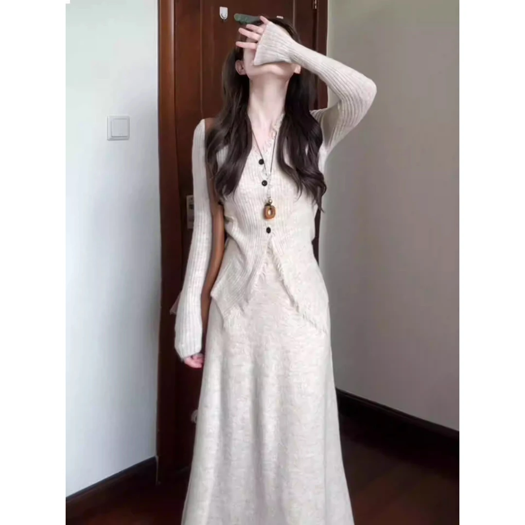 小香风长袖针织开衫套装子女秋季2025高级感韩系穿搭一整套长裙