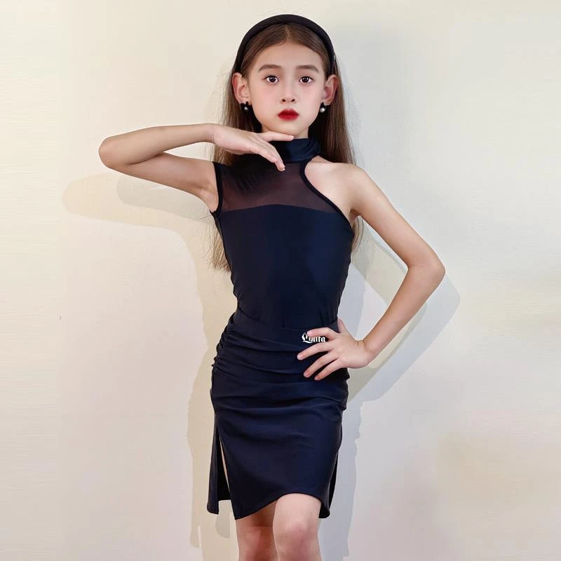 范哲萨女童拉丁舞练功服儿童不规则亲肤网纱上衣半裙训练服专业舞