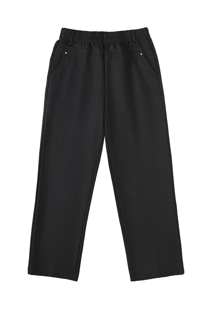 【金夫人妈妈装】中老年秋冬6070松紧高腰细条纹加绒直筒女裤7013