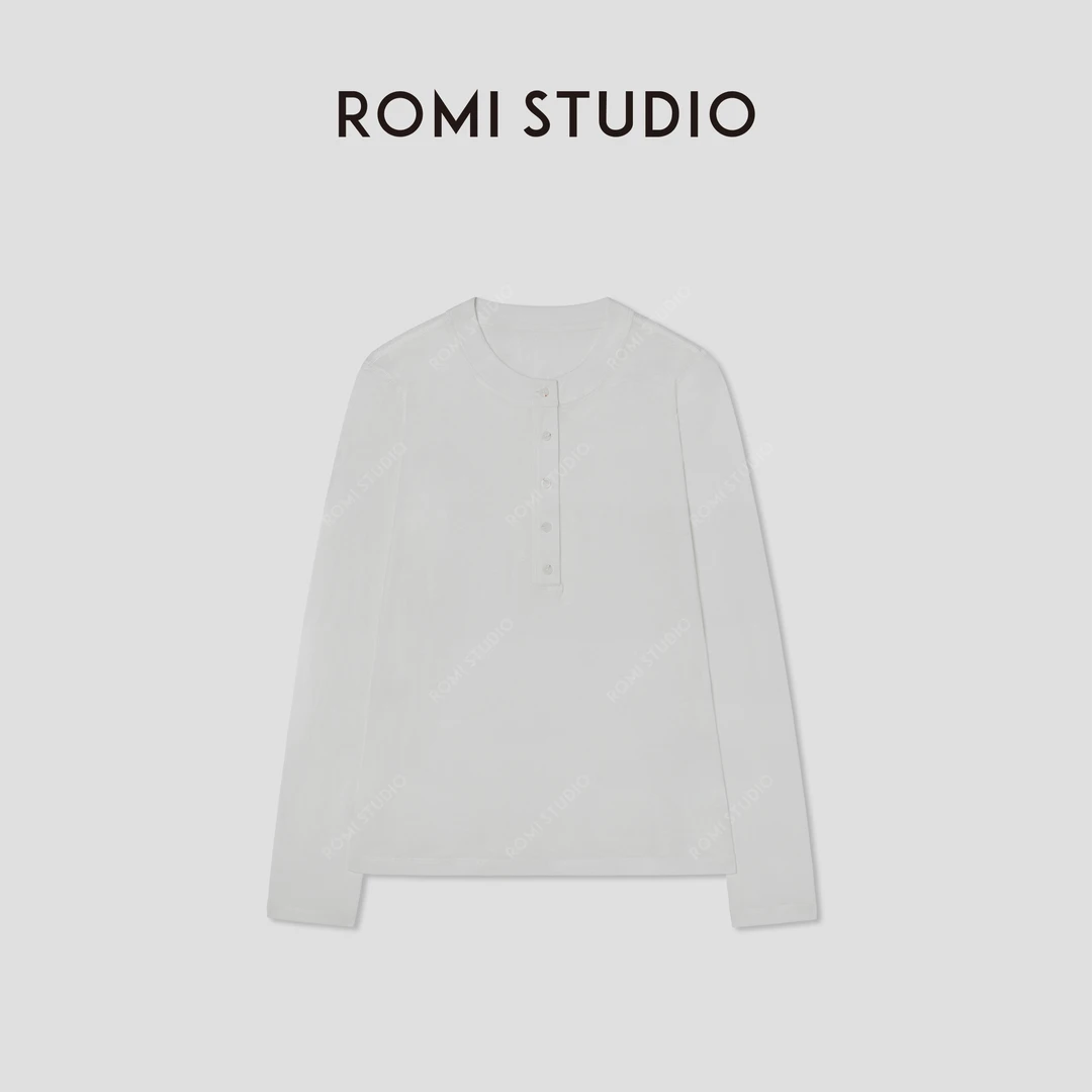 ROMI STUDIO“松弛气息”100%棉经典亨利领宽松长袖T恤 RW25SSG0145