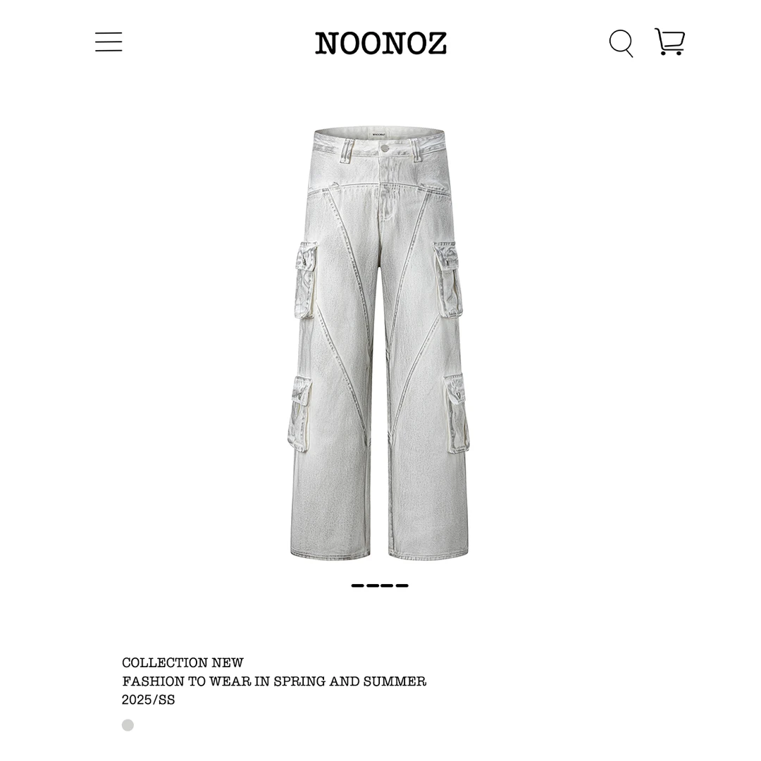 NOONOZ潮牌牛仔裤男复古做旧脏染宽松直筒多口袋垂感显瘦工装裤子