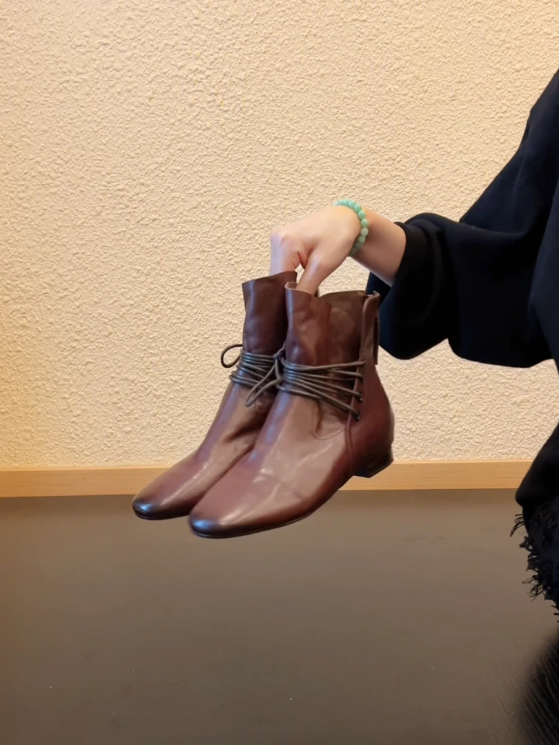 Pokoy-2cm法式复古小众设计感系带圆头擦色低跟百搭小短靴