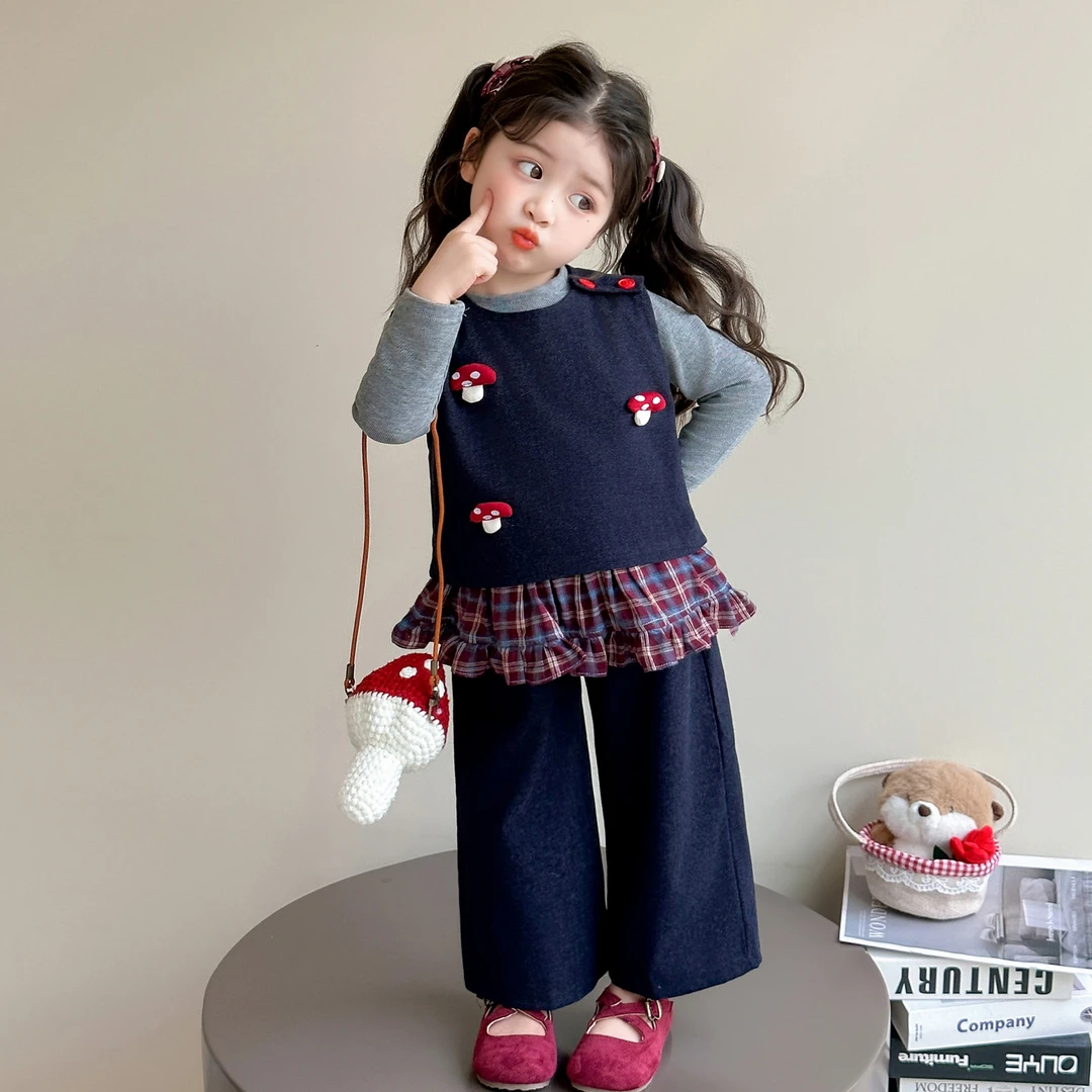 女童马甲套装春秋2025新款儿童洋气时髦花边阔腿裤三件套宝宝秋装