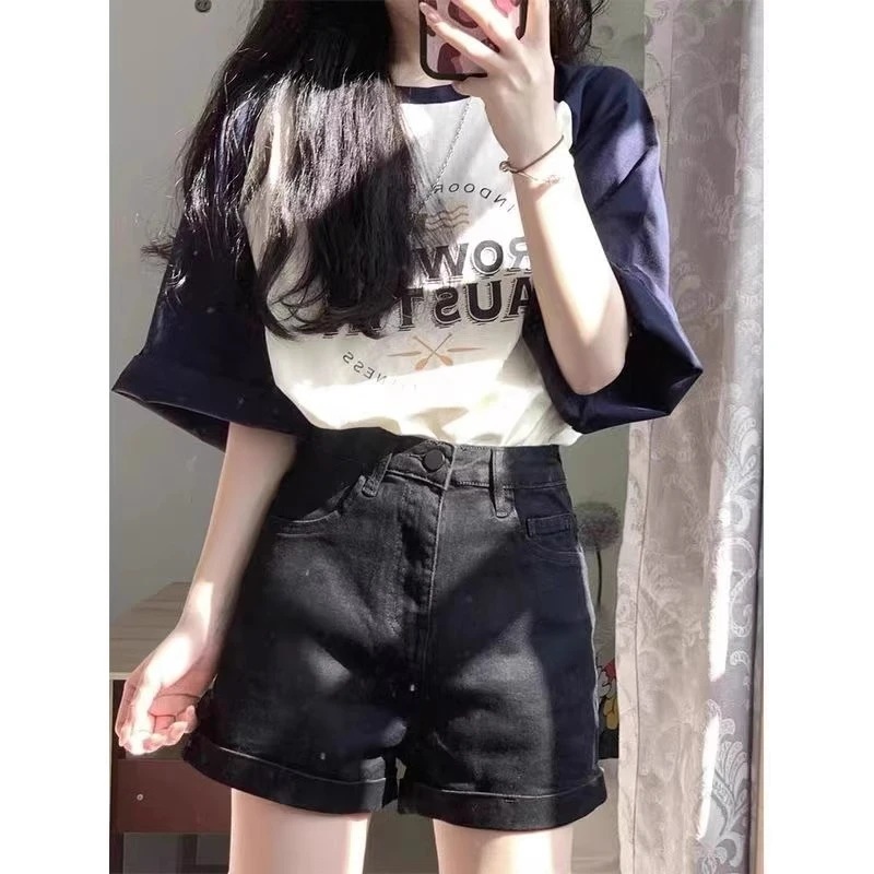 145瘦小个子辣妹牛仔短裤女高腰直筒阔腿热裤xs码显高穿搭配夏季