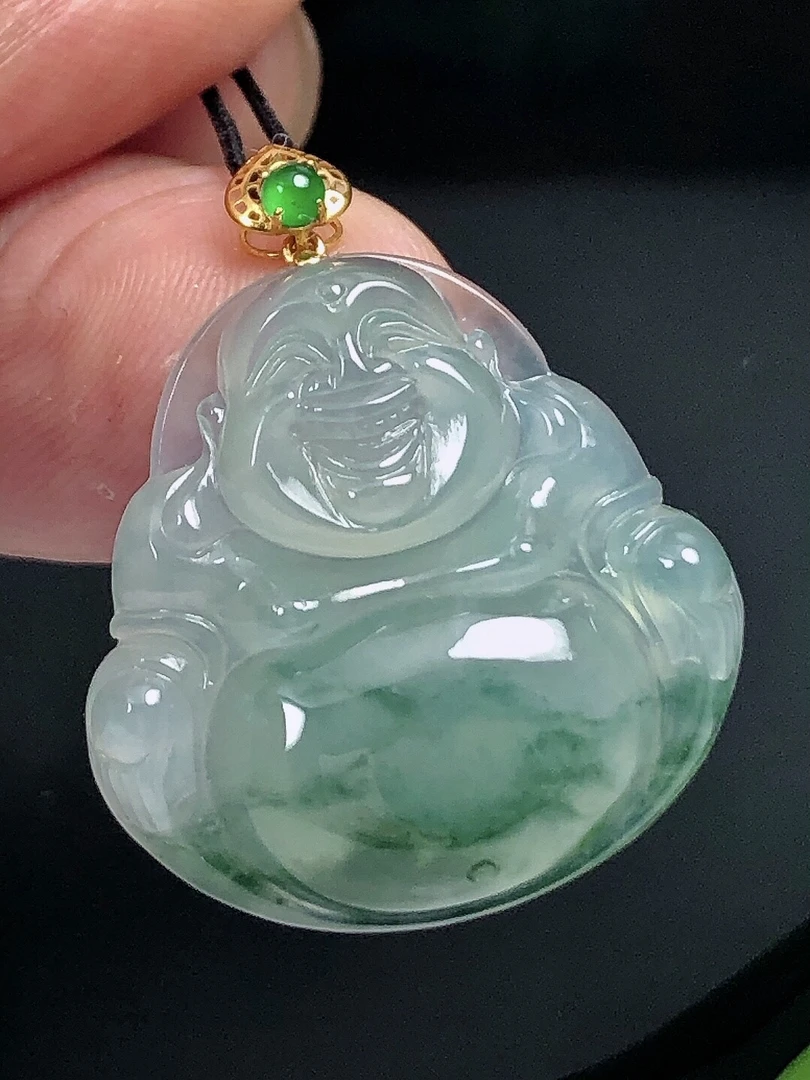 翡翠A货18K金扣镶嵌老坑冰种飘花佛公吊坠上品官方正版翡翠佛公