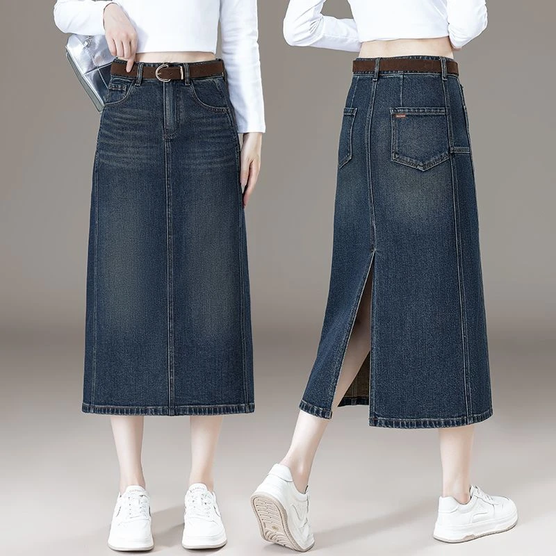 怀旧蓝开叉牛仔半身裙2025春秋季爆款中长款a字一步包臀直筒裙子