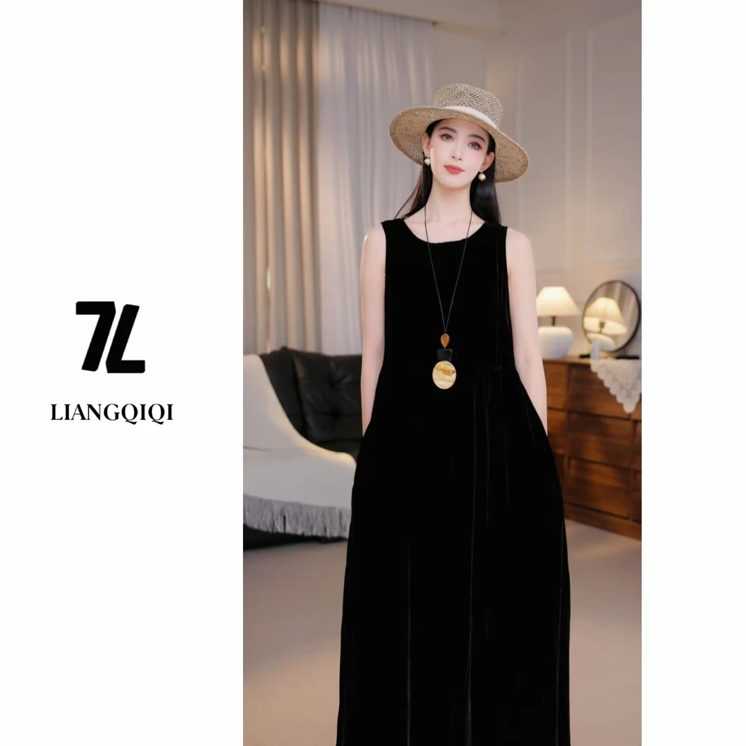 气质丝绒无袖后背纽扣纯色背心连衣裙2623