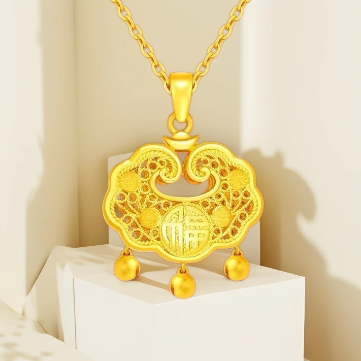 铜合金项链 轻奢铜合金镀K金国潮设计镂空长命锁吊坠高级感平安锁