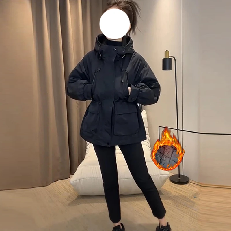 高级感时尚黑色连帽收腰风衣秋冬女装夹棉保暖休闲外套上衣服