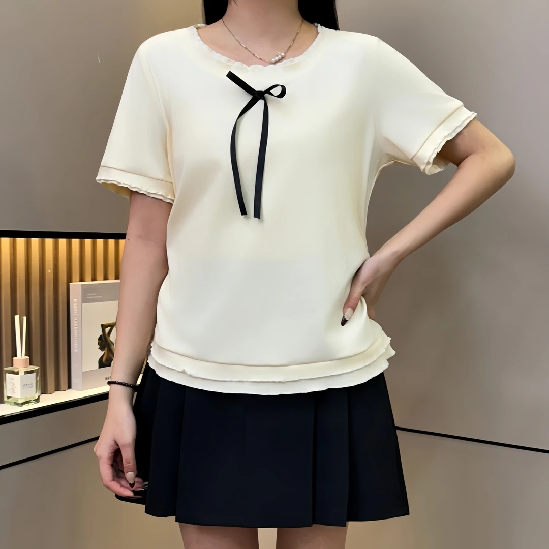 胖MM冬 M25009夏季新款蝴蝶结设计正肩短袖t恤女夏别致显瘦上衣