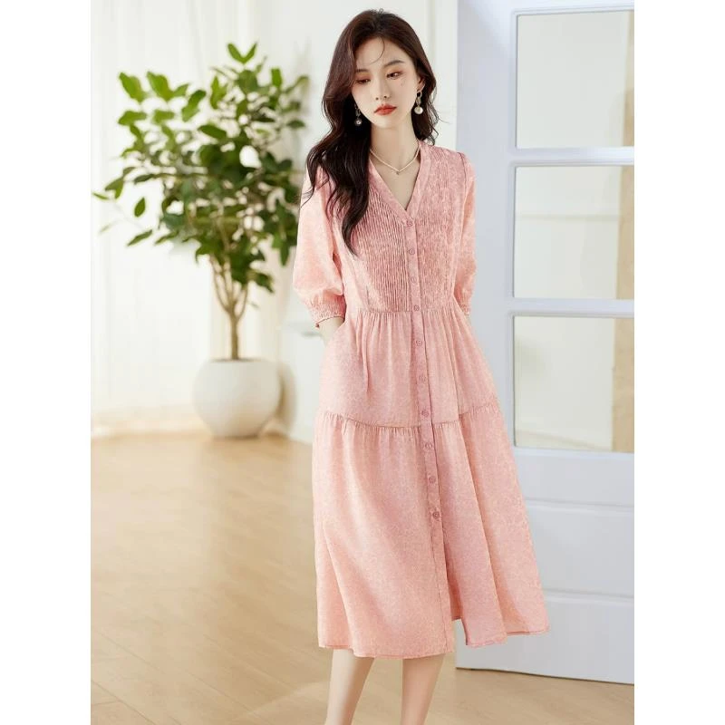 V领天丝衬衫连衣裙女夏装新款宽松时尚洋气减龄显瘦裙子B6509