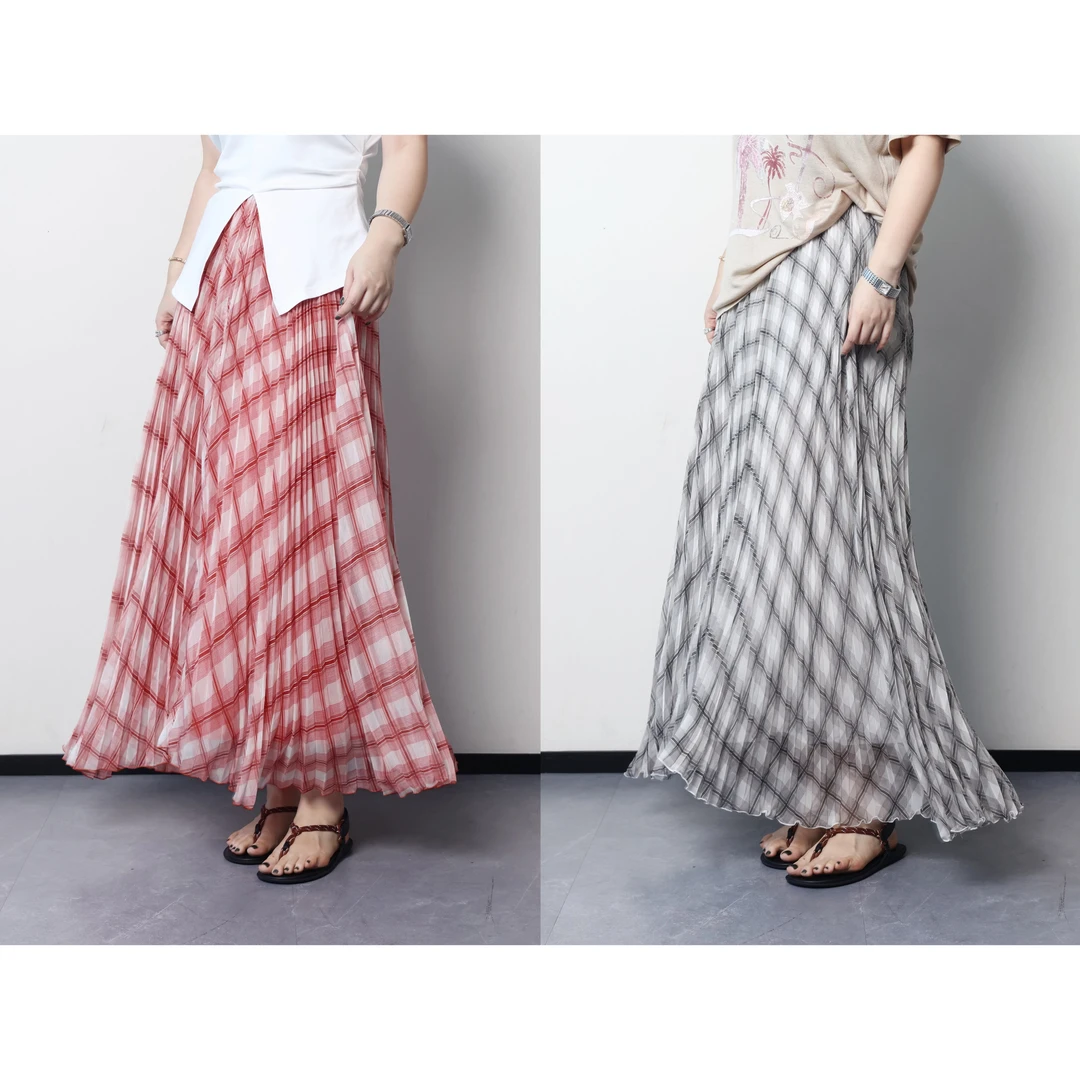PRASE·杨杨【梦回伦敦】微胖轻奢设计夏女格纹压褶半身裙PR506E105