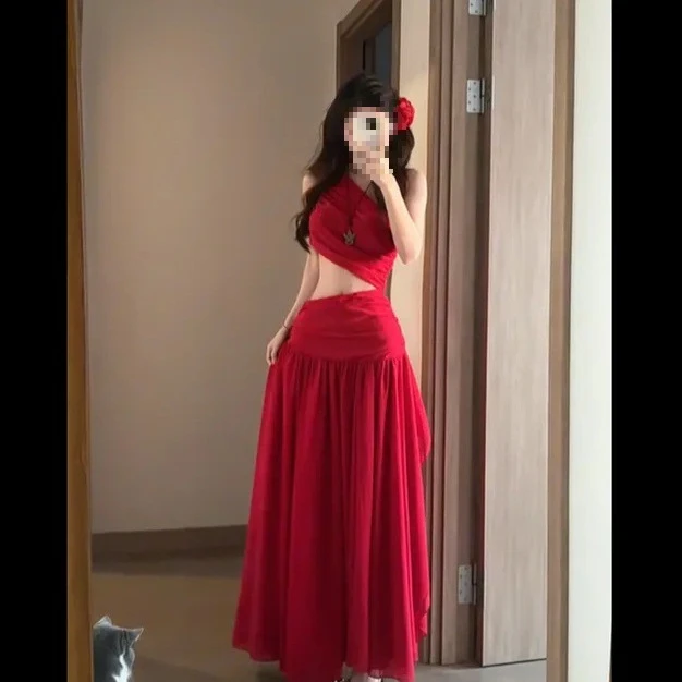 夏日新款女士法式简约白色无袖斜肩度假风情大开叉长款设计感连衣