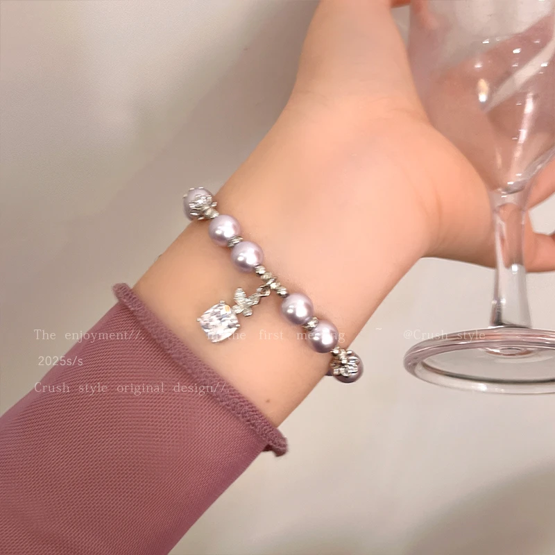 铜合金仿珍珠手链 紫色贝珠方糖蝴蝶手链女轻奢小众气质百搭手串
