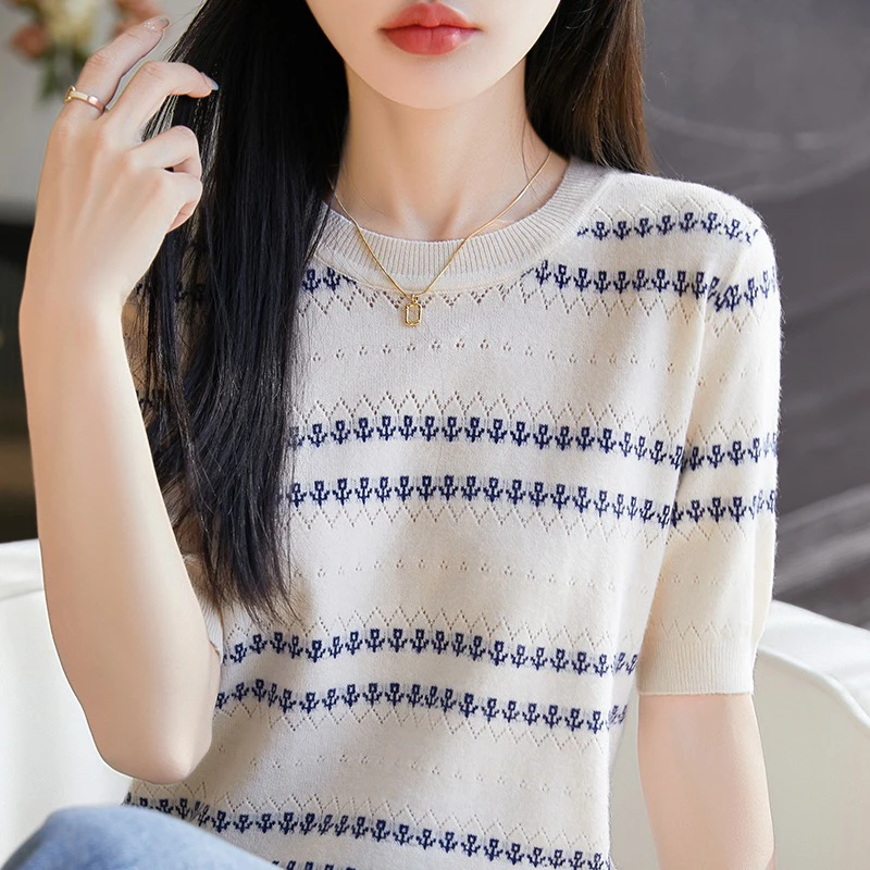 圆领薄款夏季条纹提花女毛针织衫显瘦百搭打底衫镂空宽松毛衣