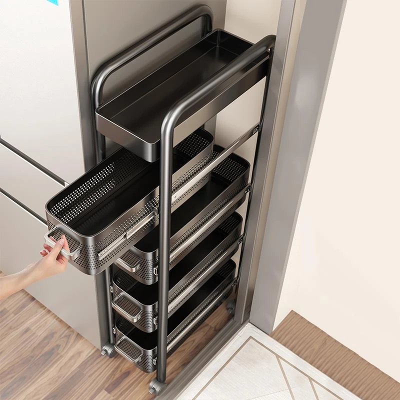 厨房夹缝置物架极窄缝隙收纳柜多层冰箱侧面抽拉柜果蔬小推车架子