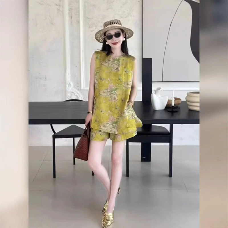 超火夏装一整套独特漂亮气质高端新中式国风绿色减龄衬衫短裤套装