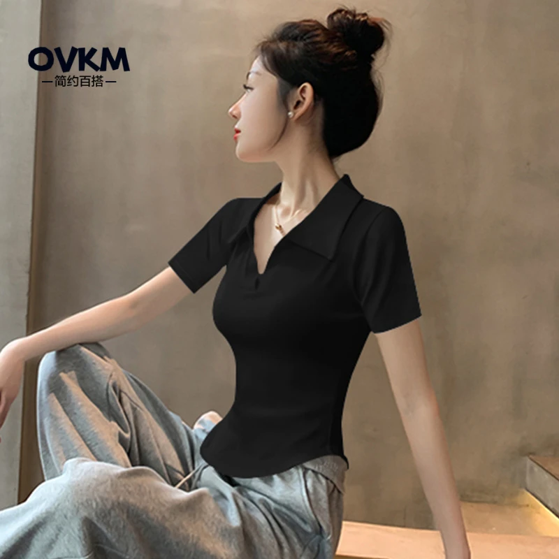 OVKM黑色棉质polo领短袖t恤女2025新款春夏弧形下摆收腰紧身显瘦