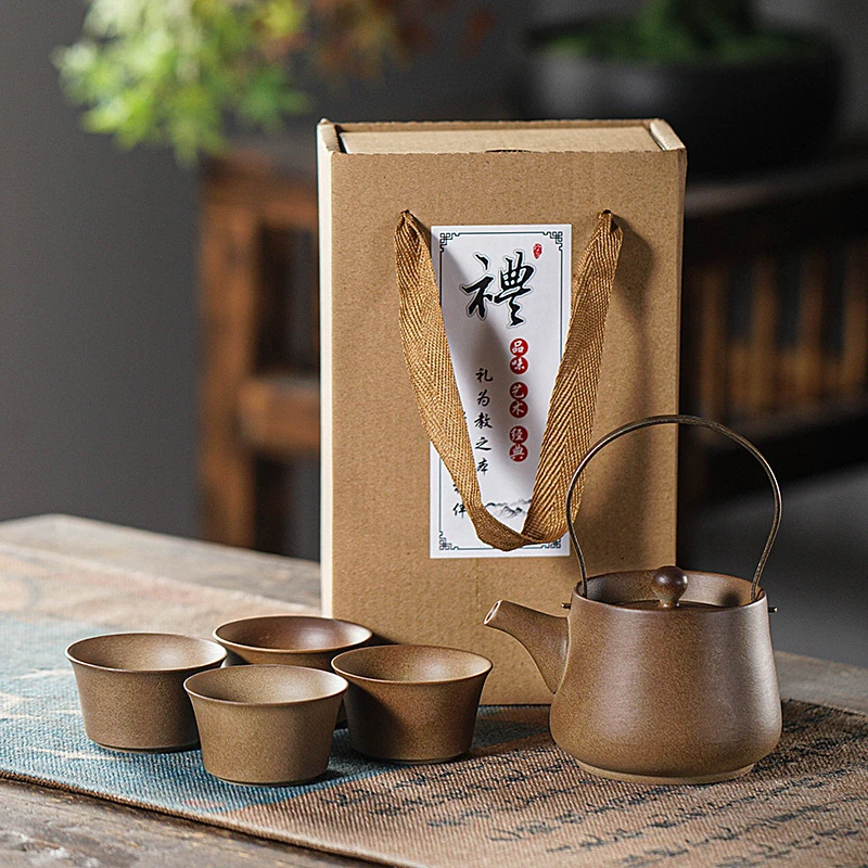 粗陶功夫茶具套装一壶四杯家用中式陶瓷提梁茶壶茶杯整套泡茶器