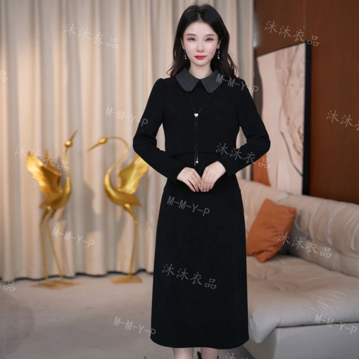 连衣裙显瘦气质长袖时尚黑色中长款修身秋冬显瘦气质长袖时尚黑色