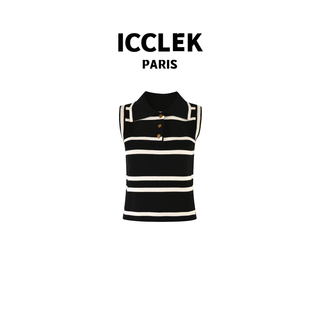 ICCLEK 夏季翻领条纹撞色针织背心气质名媛风上衣百搭时尚 - 2637