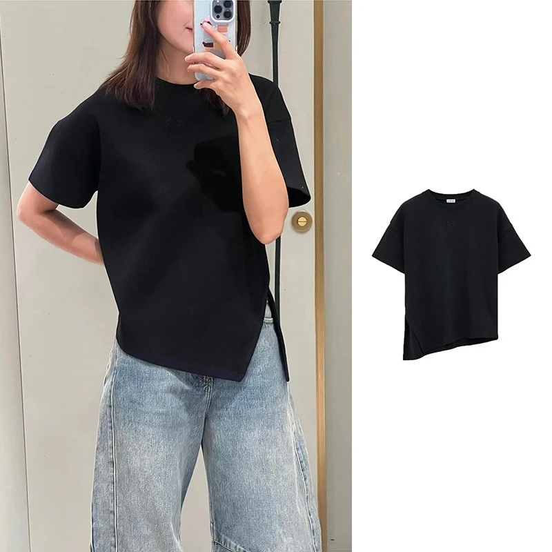 全新未使用 LOEWE/罗意威 LOEWE 黑色刺绣徽标不规则开叉T恤