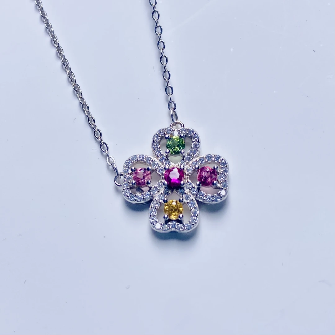 天然碧玺吊坠镶嵌S925银糖果色天上掉落的彩虹项链锁骨链