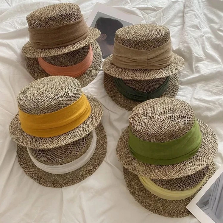 新款法式复古咸草海镂空编织帽檐平顶礼帽短檐沙滩草帽春夏遮阳帽