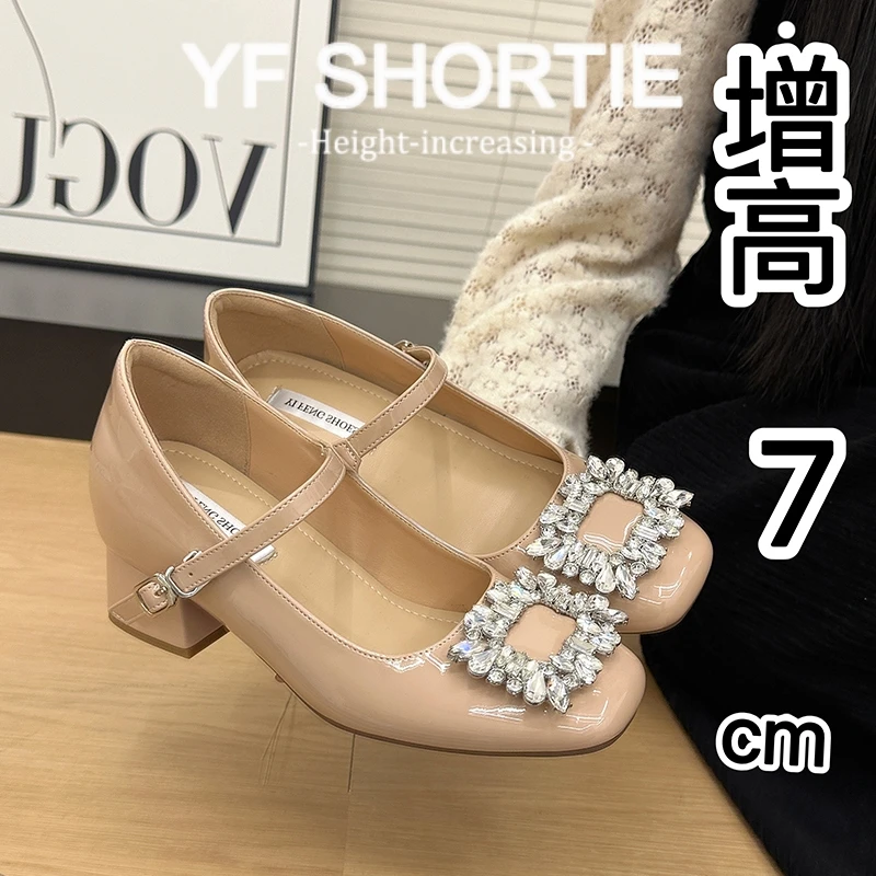 内增高7CM法式玛丽珍高跟单鞋女2025春新款方扣水钻粗跟漆皮女鞋